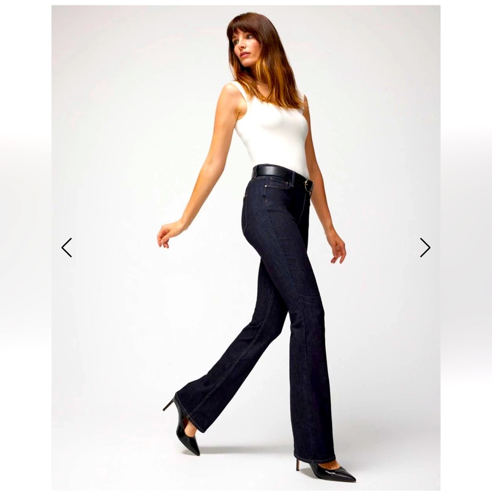WHBM high rise sculpt skinny flare jeans in midnight rinse wash.